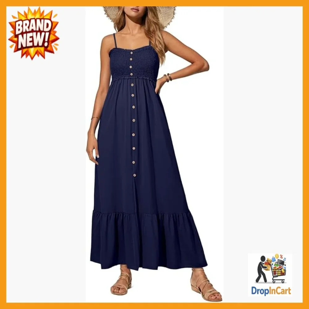Sleeveless Smocked Maxi Dress with Adjustable Straps and Pockets Boho Chic